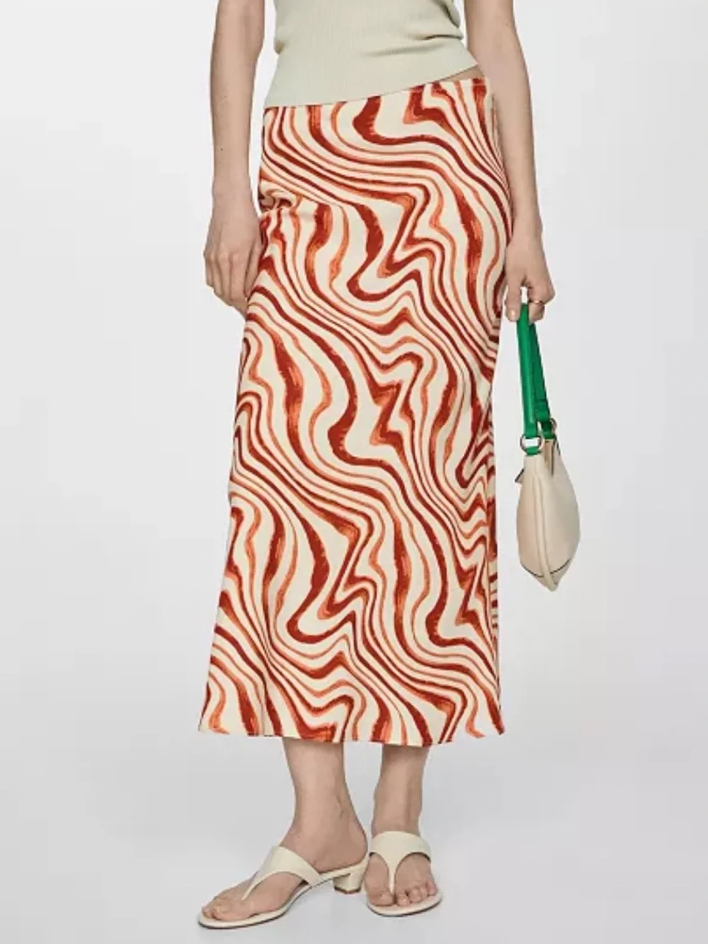 MNG Mango Abstract Swirl Midi Skirt Y2K Retro Art Print Quiet Lux Coastal Chic